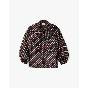 Kate Spade New York Party Stripe Tie Neck Shirt Sz XS Black Pink Satin NICE